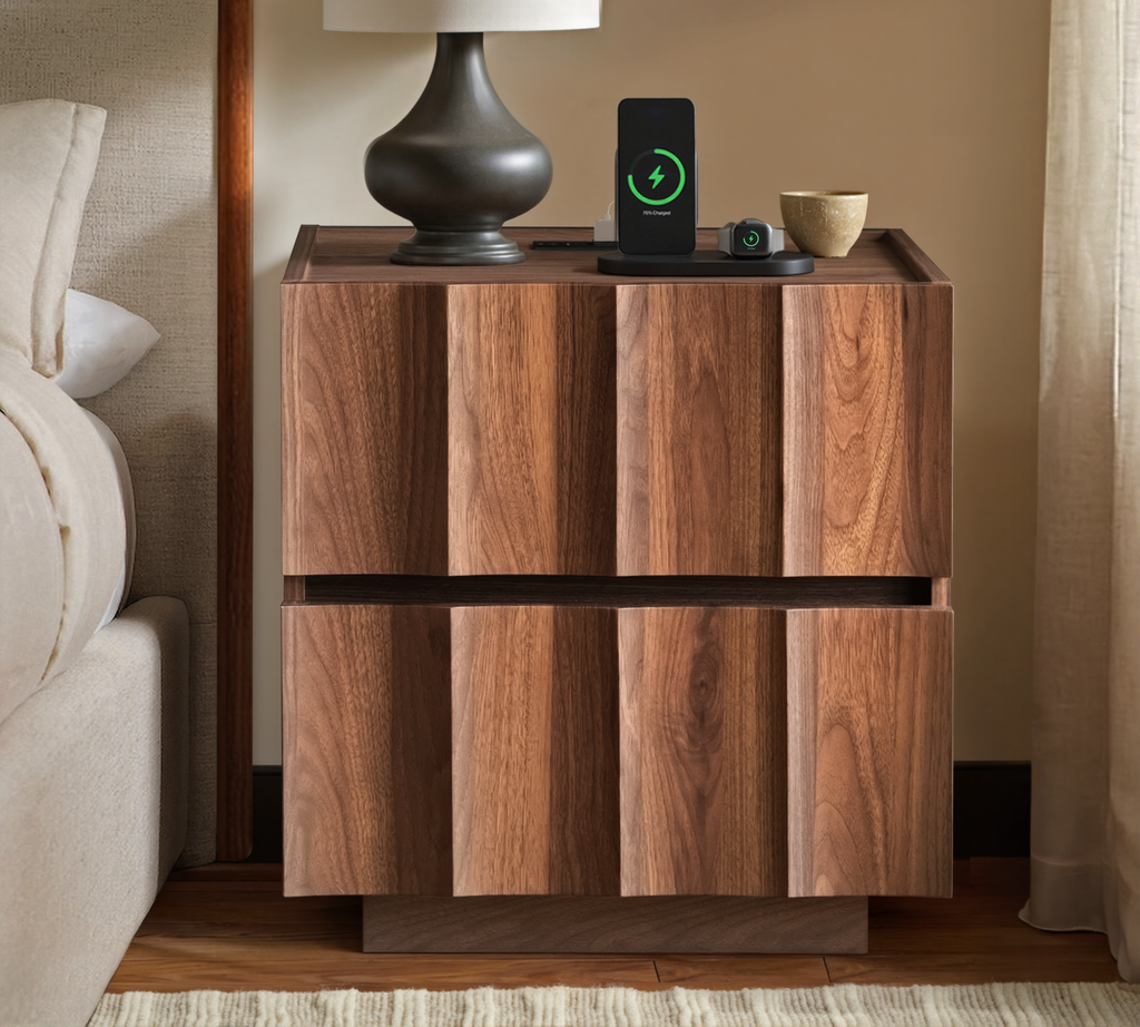 20.5" Fluted Nightstand with Charging Station, Walnut
