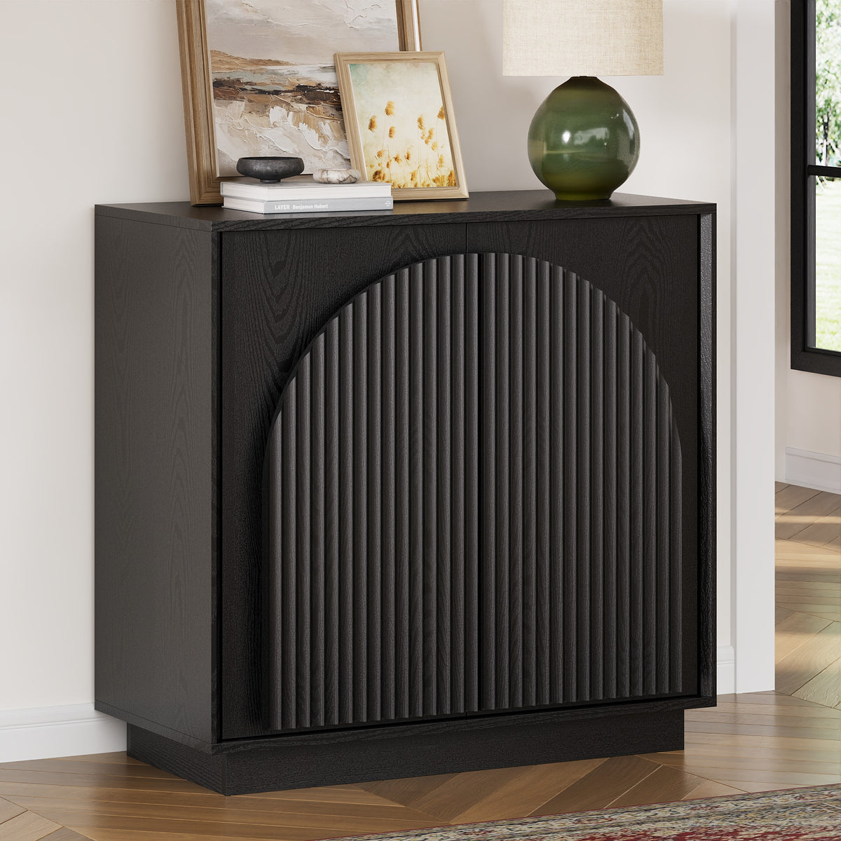31.5" Small Buffet Cabinet with Storage, Arched Doors, Black