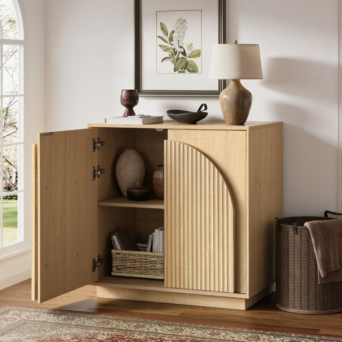 31.5" Small Buffet Cabinet with Storage, Arched Doors, OAK