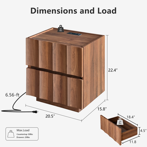 20.5" Fluted Nightstand with Charging Station, Walnut