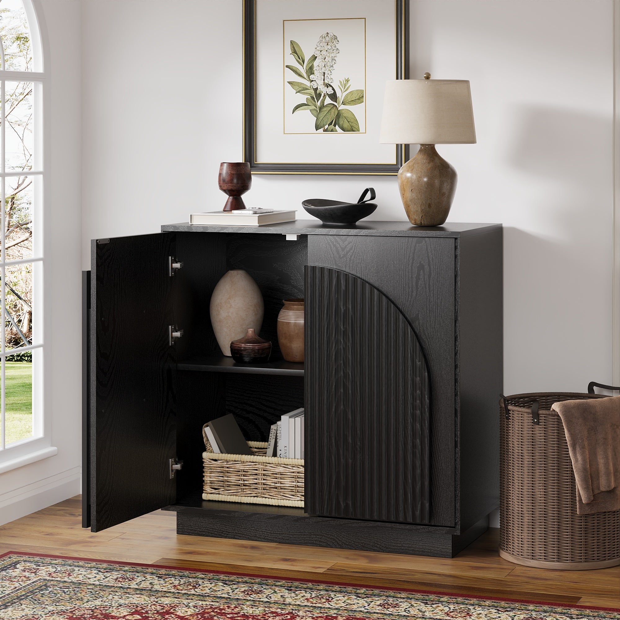 31.5" Small Buffet Cabinet with Storage, Arched Doors, Black