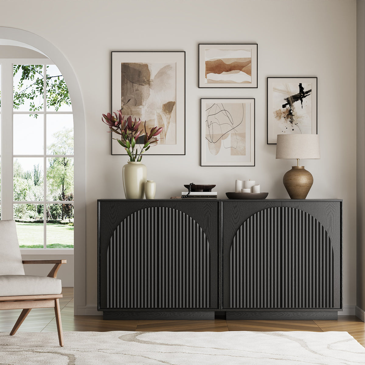 31.5" Small Buffet Cabinet with Storage, Arched Doors, Black