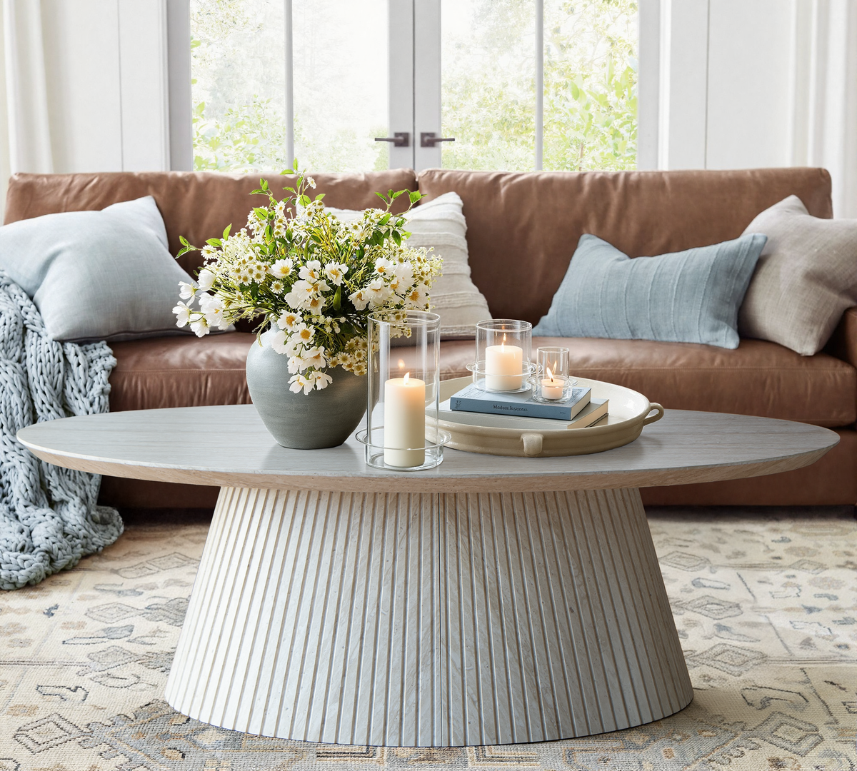 47.2" Oval Coffee Table with Faux Stone Veneer, Stone