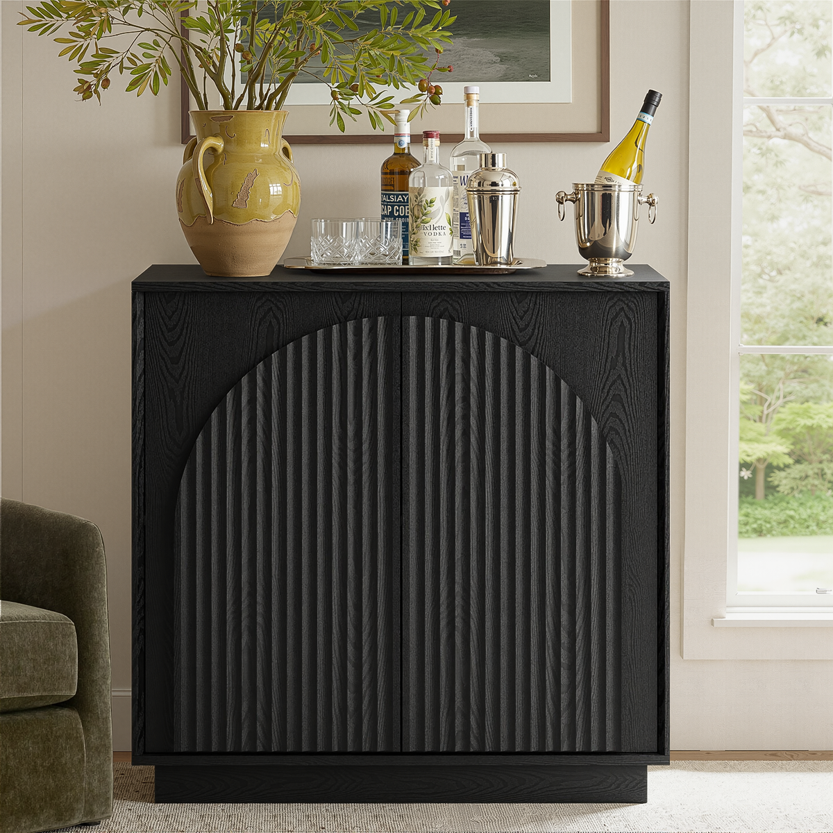 31.5" Small Buffet Cabinet with Storage, Arched Doors, Black