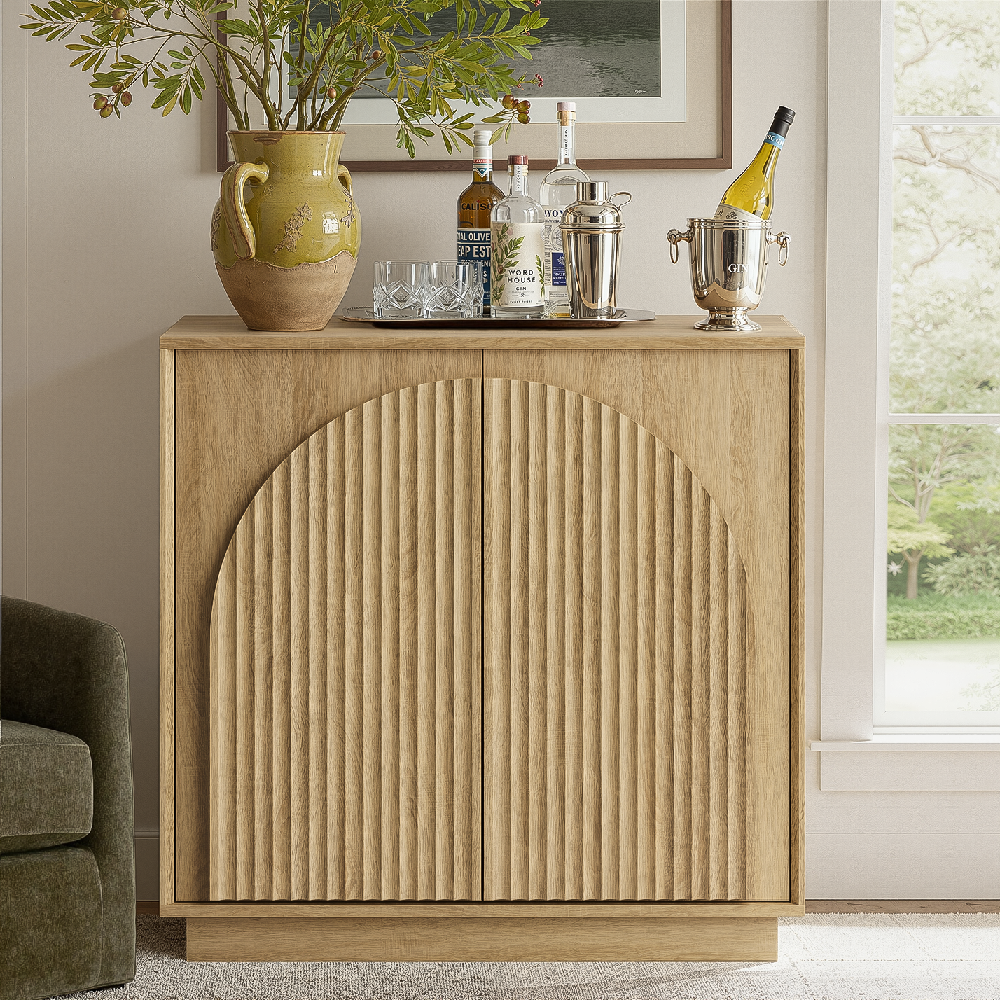31.5" Small Buffet Cabinet with Storage, Arched Doors, OAK