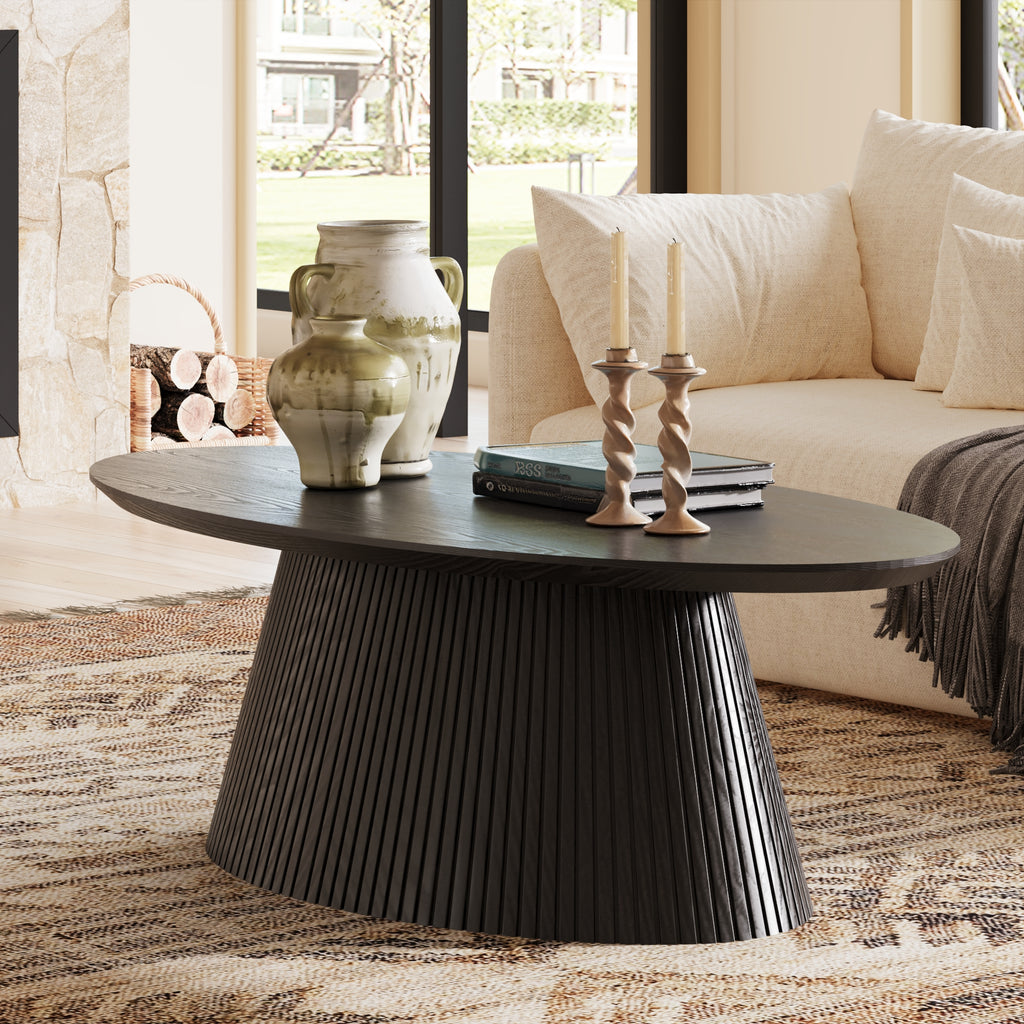47.2" Oval Coffee Table with Faux Stone Veneer, Black