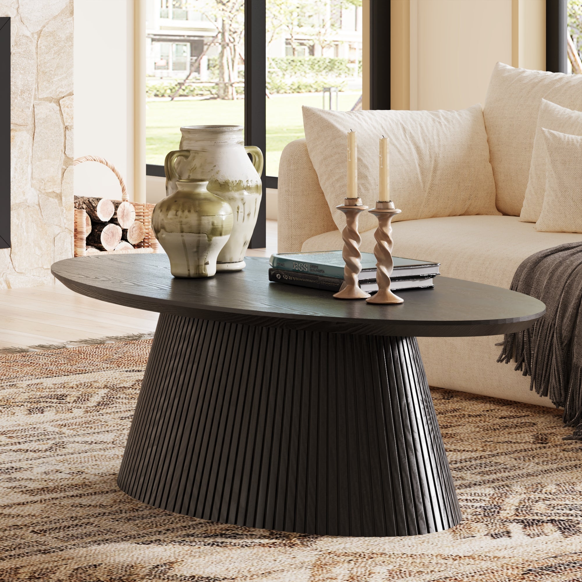 47.2" Oval Coffee Table with Faux Stone Veneer, Black