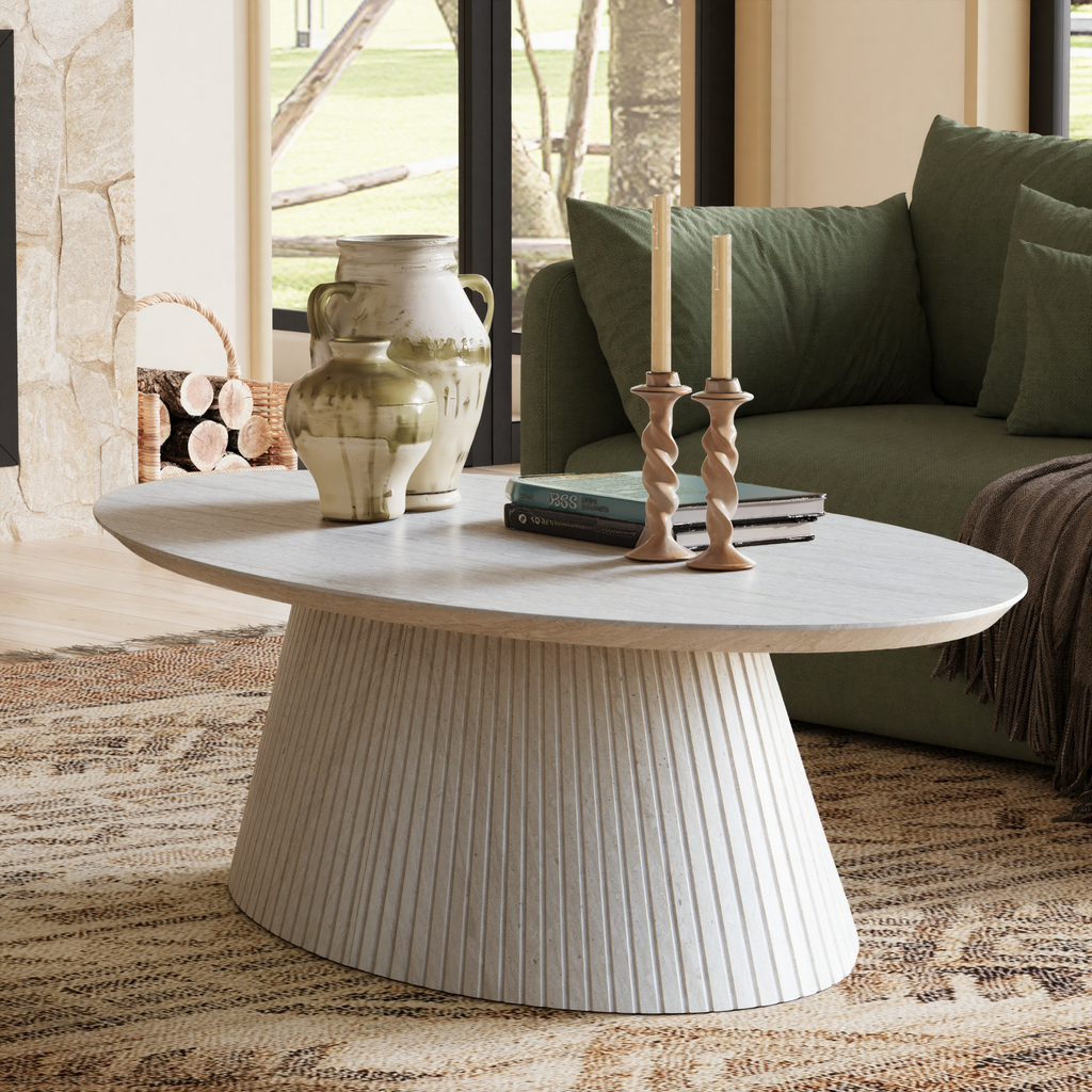 47.2" Oval Coffee Table with Faux Stone Veneer, Stone