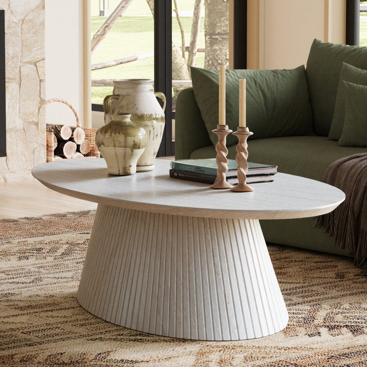 47.2" Oval Coffee Table with Faux Stone Veneer, Stone