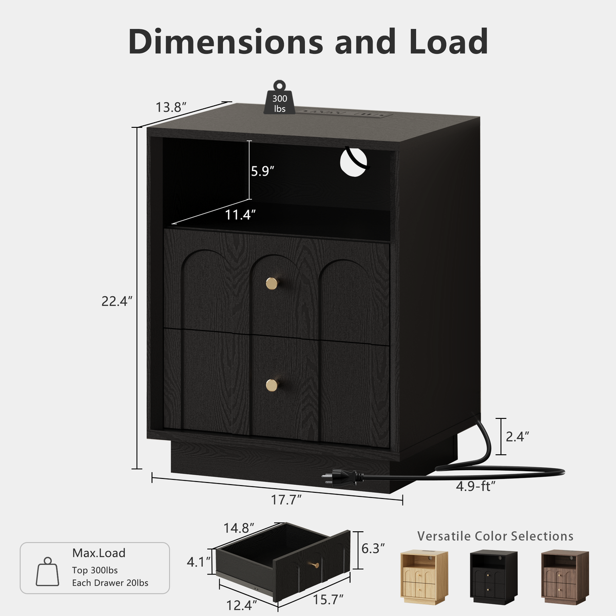 17.7" Nightstand with Charging Station, Arched Design, Black