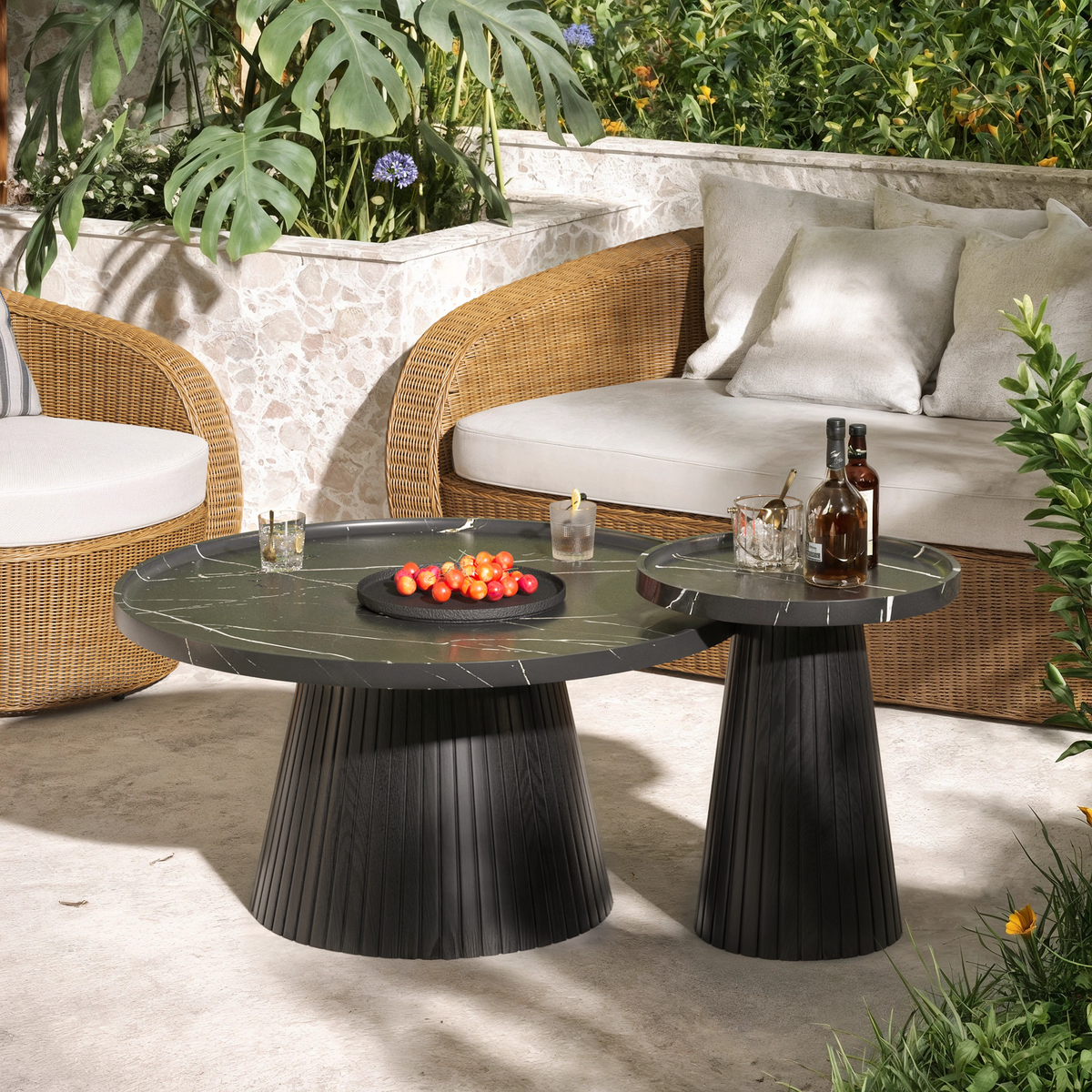 Nesting Coffee Table Set of 2 with Wood Grain Veneer, Black