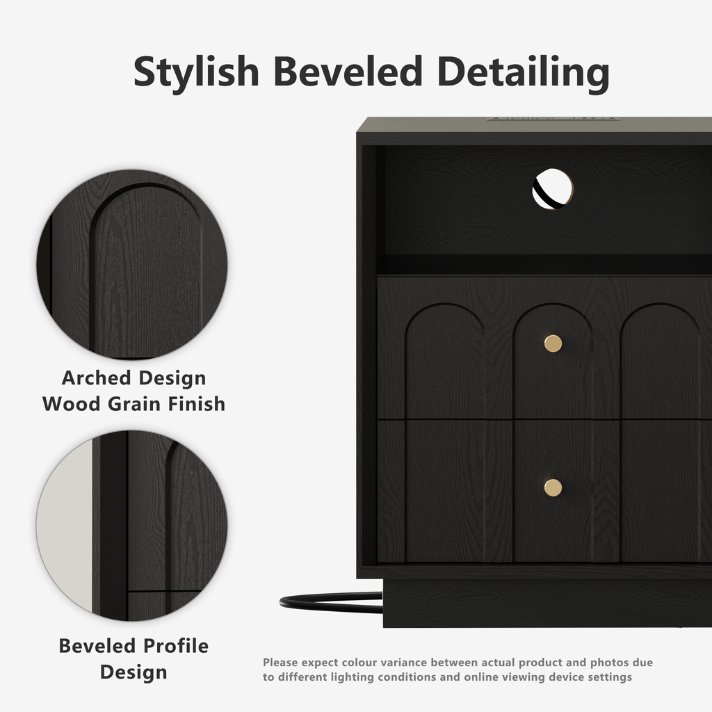17.7" Nightstand with Charging Station, Arched Design, Black