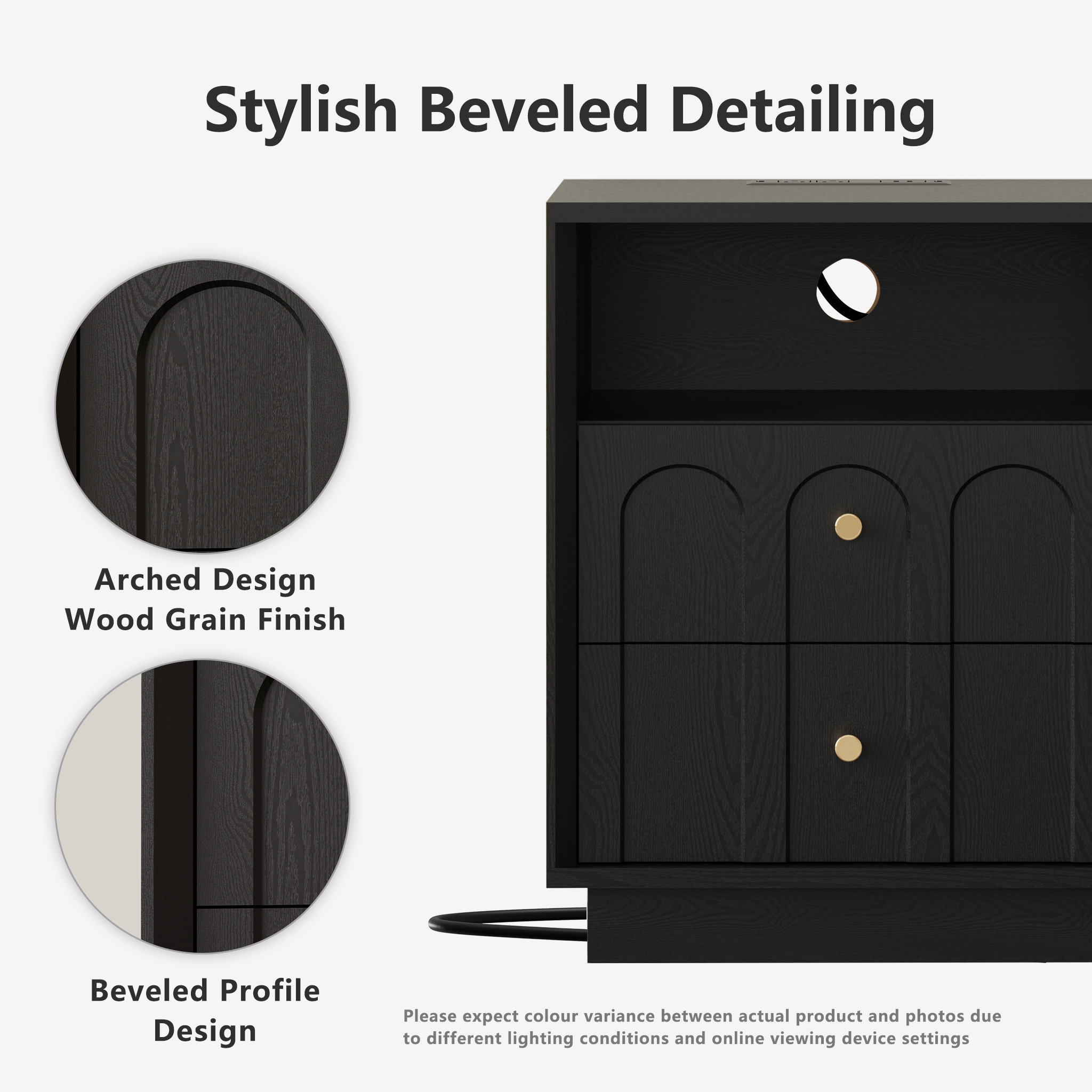 17.7" Nightstand with Charging Station, Arched Design, Black