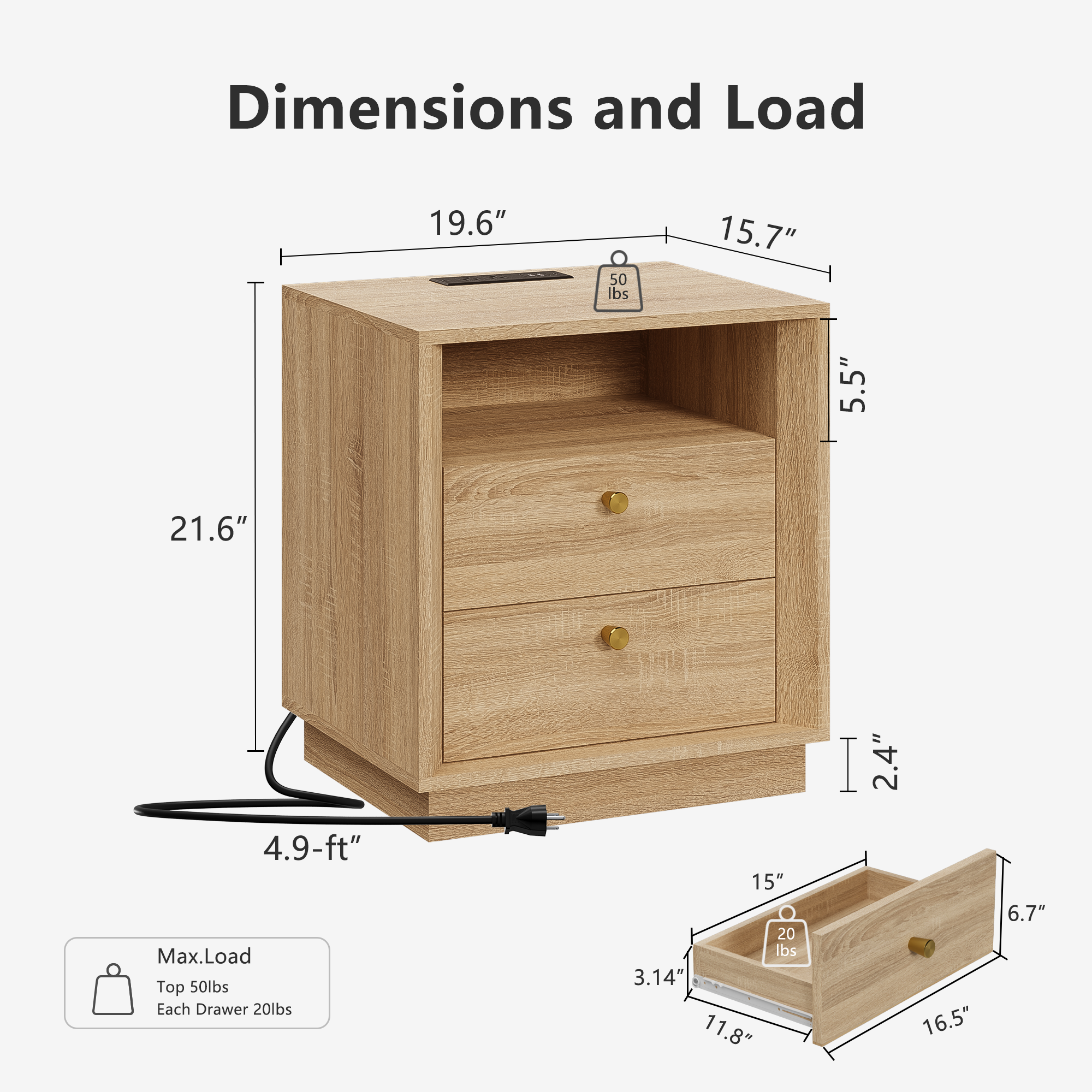 19.6" Nightstand with Charging Station, OAK