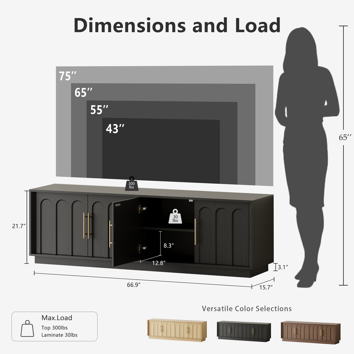 67" Modern TV Stand for 75 Inch TV Living Room, Black