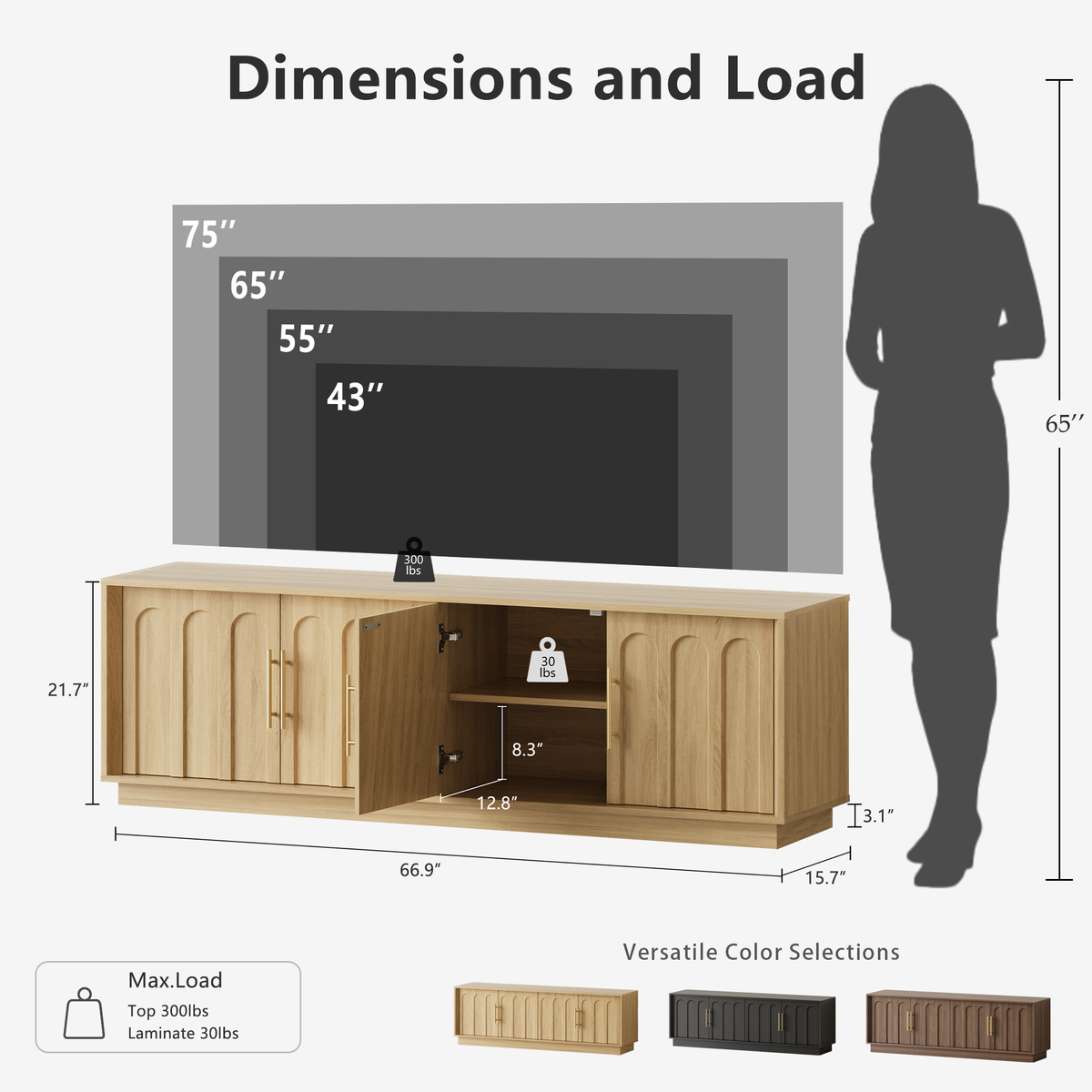 67" Modern TV Stand for 75 Inch TV Living Room, OAK