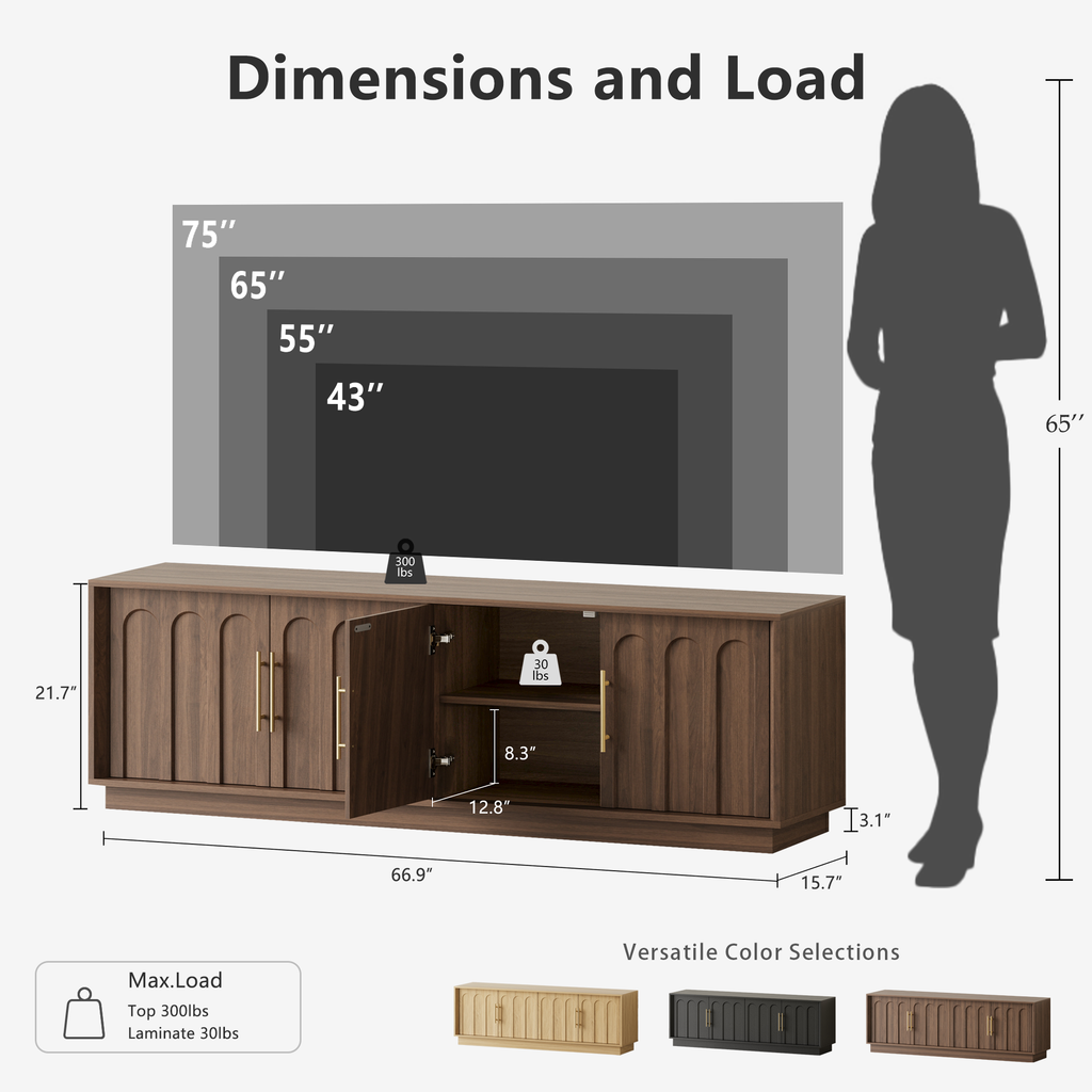 67" Modern TV Stand for 75 Inch TV Living Room, Walnut