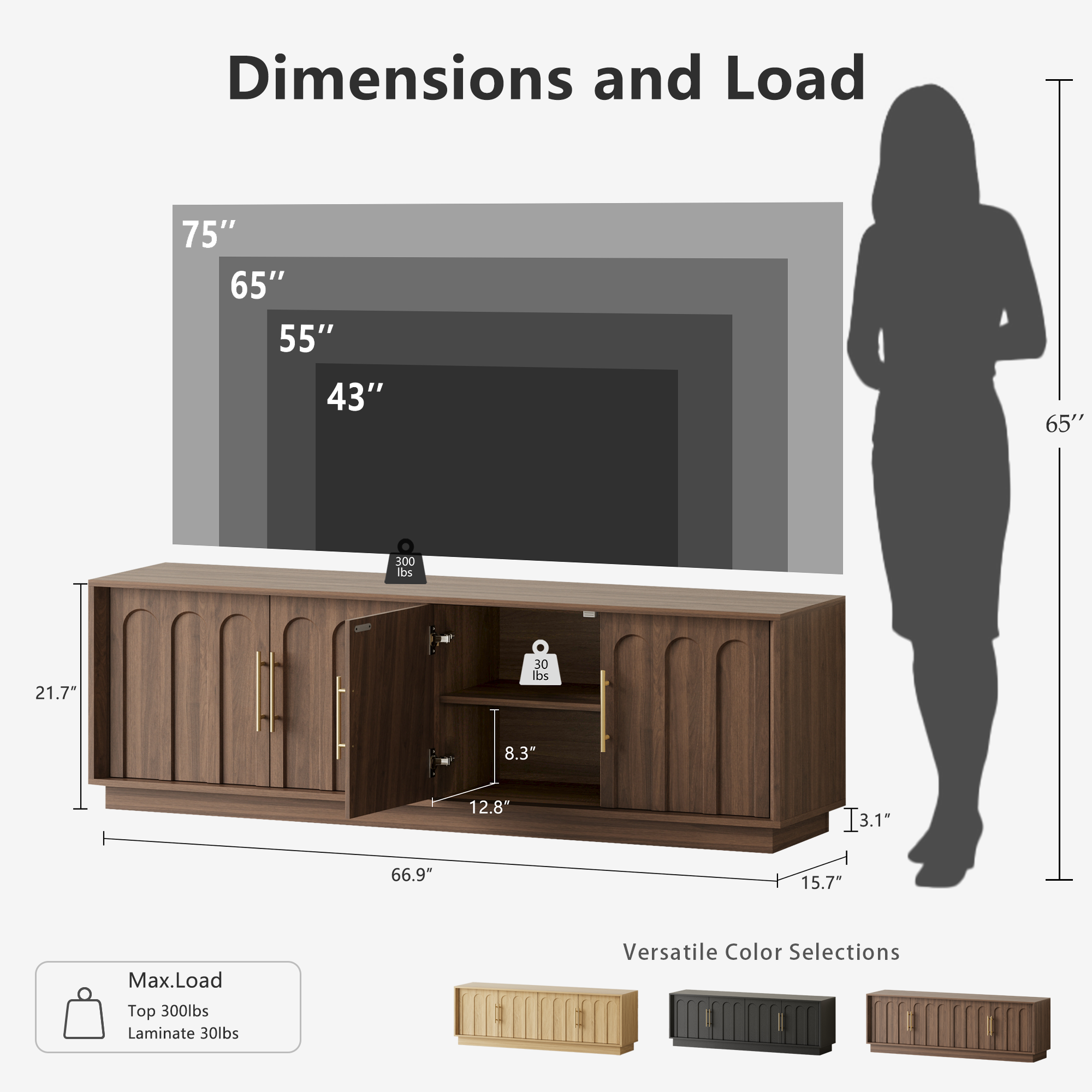 67" Modern TV Stand for 75 Inch TV Living Room, Walnut