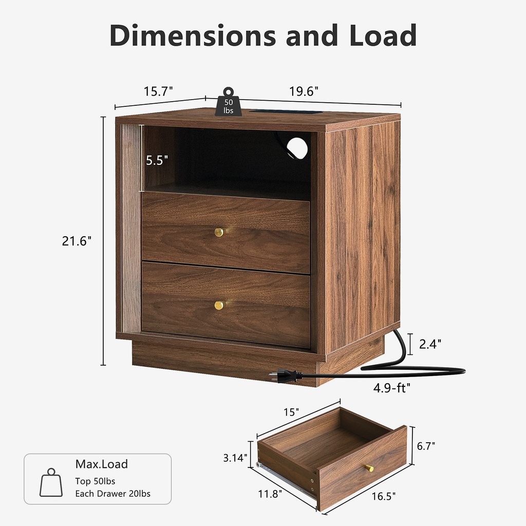 19.6" Nightstand with Charging Station, Walnut