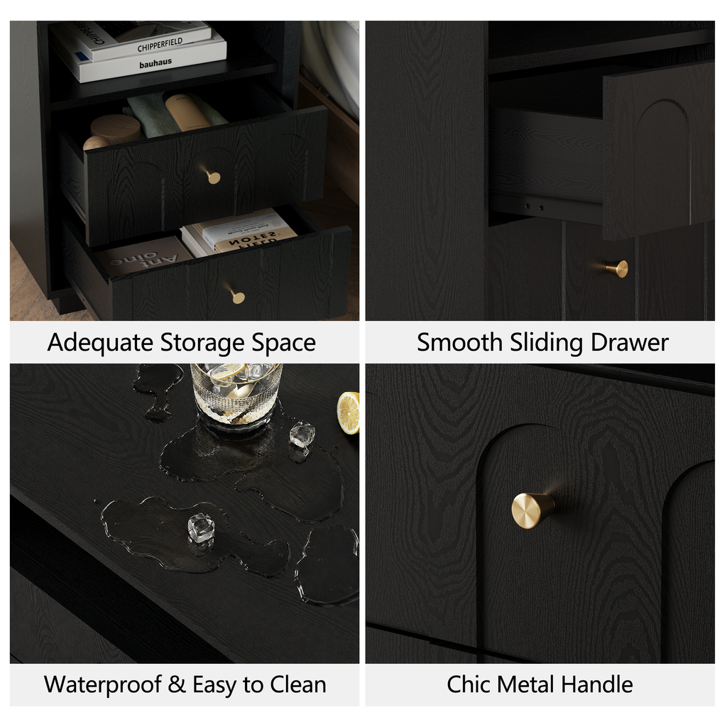 17.7" Nightstand with Charging Station, Arched Design, Black