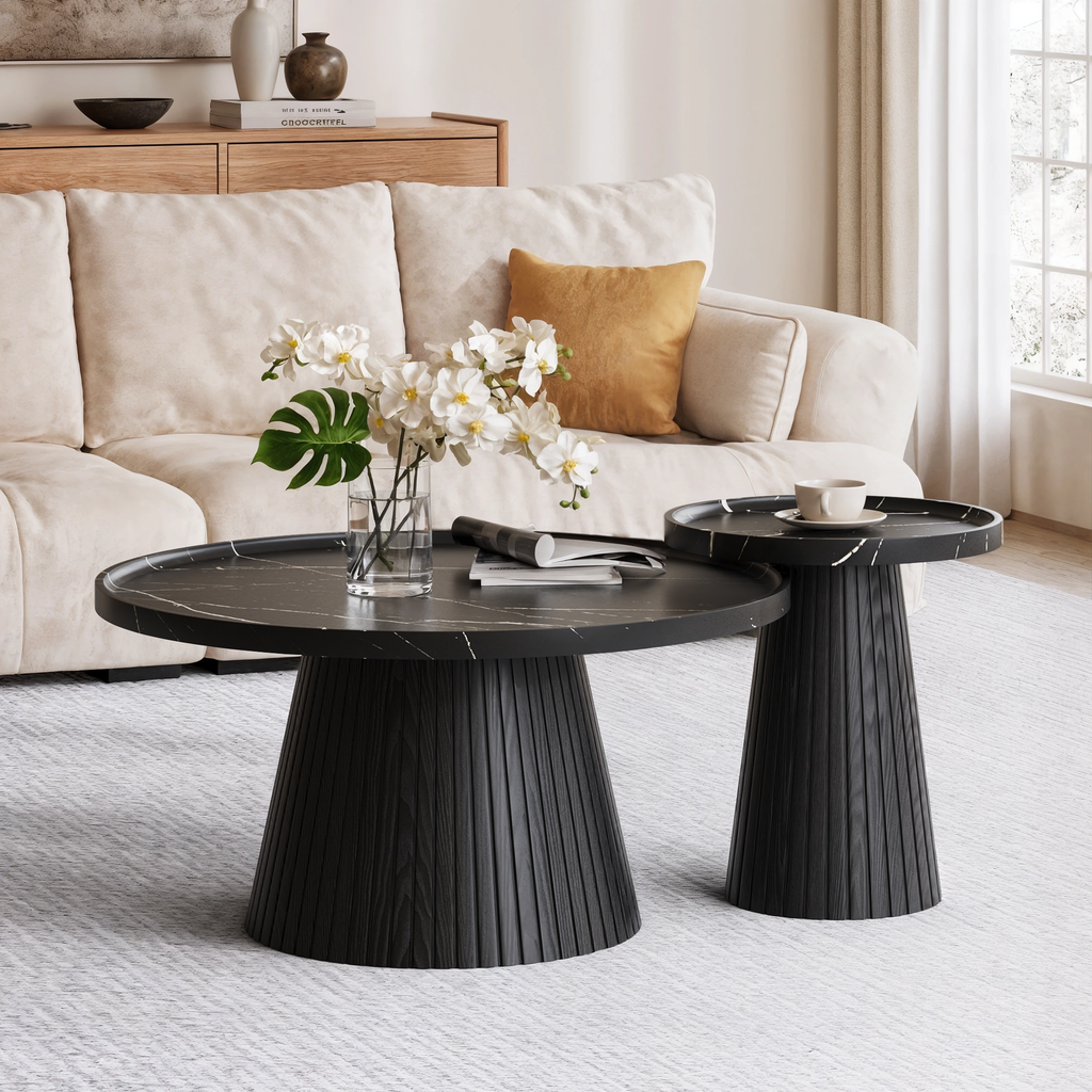 Nesting Coffee Table Set of 2 with Wood Grain Veneer, Black