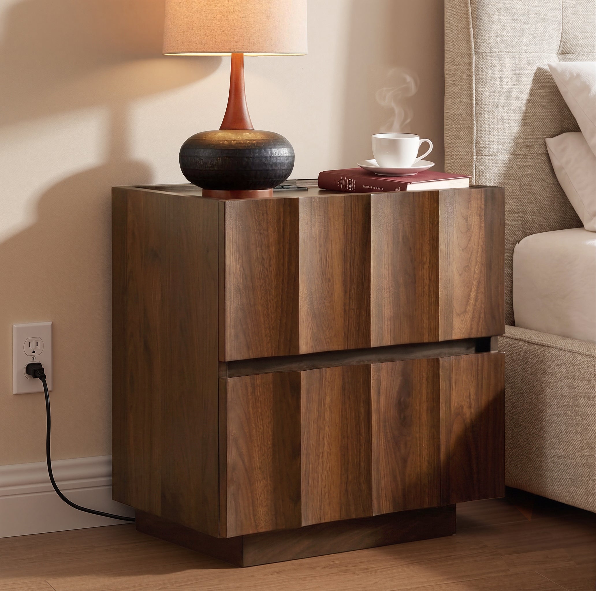 20.5" Fluted Nightstand with Charging Station, Walnut