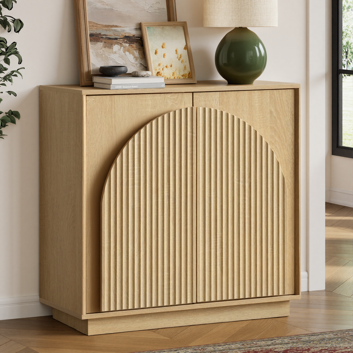31.5" Small Buffet Cabinet with Storage, Arched Doors, OAK