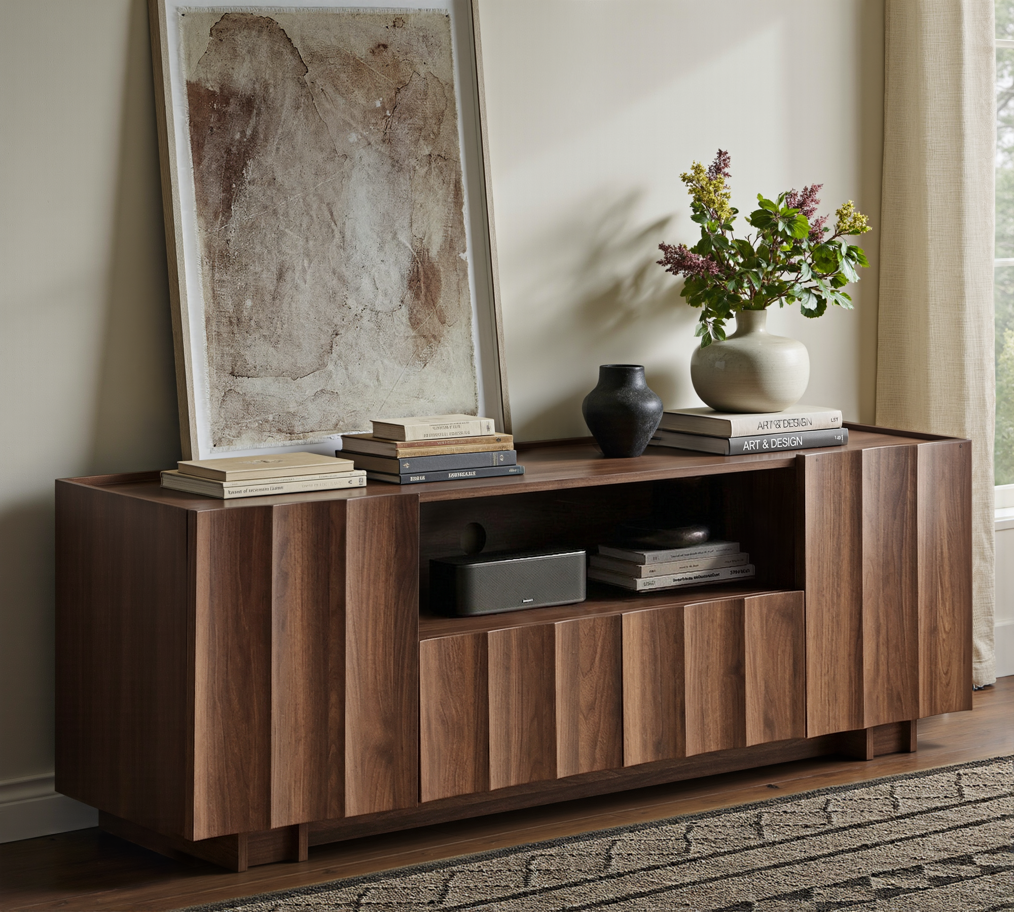 61" Mid Century Modern TV Stand with Storage, Wave Design, Walnut