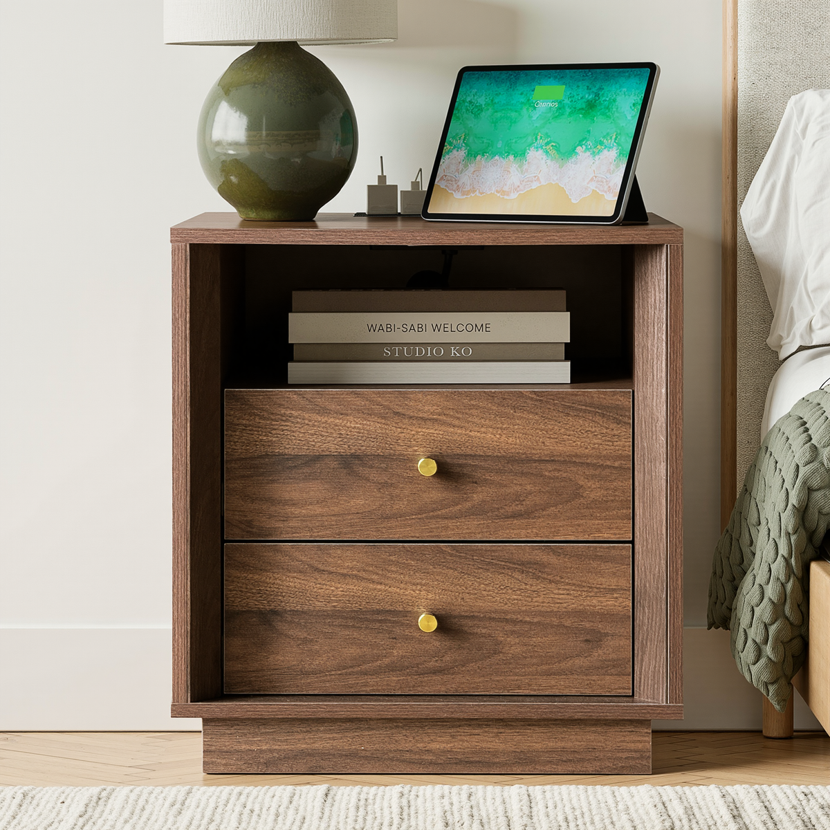 19.6" Nightstand with Charging Station, Walnut