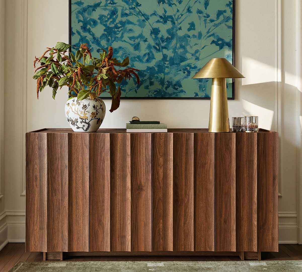 61.7" Fluted Sideboard Buffet Cabinet with Storage, Walnut
