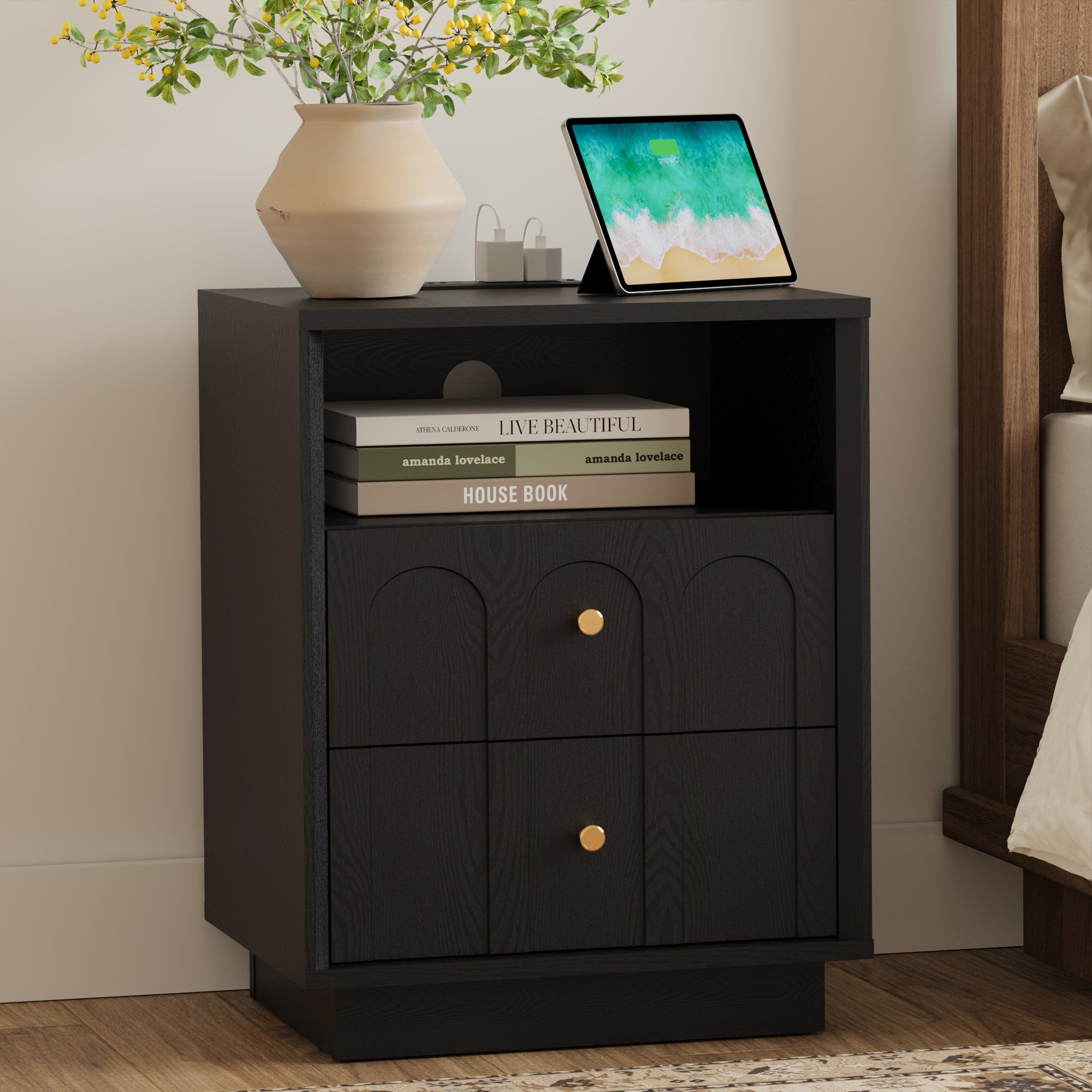 17.7" Nightstand with Charging Station, Arched Design, Black