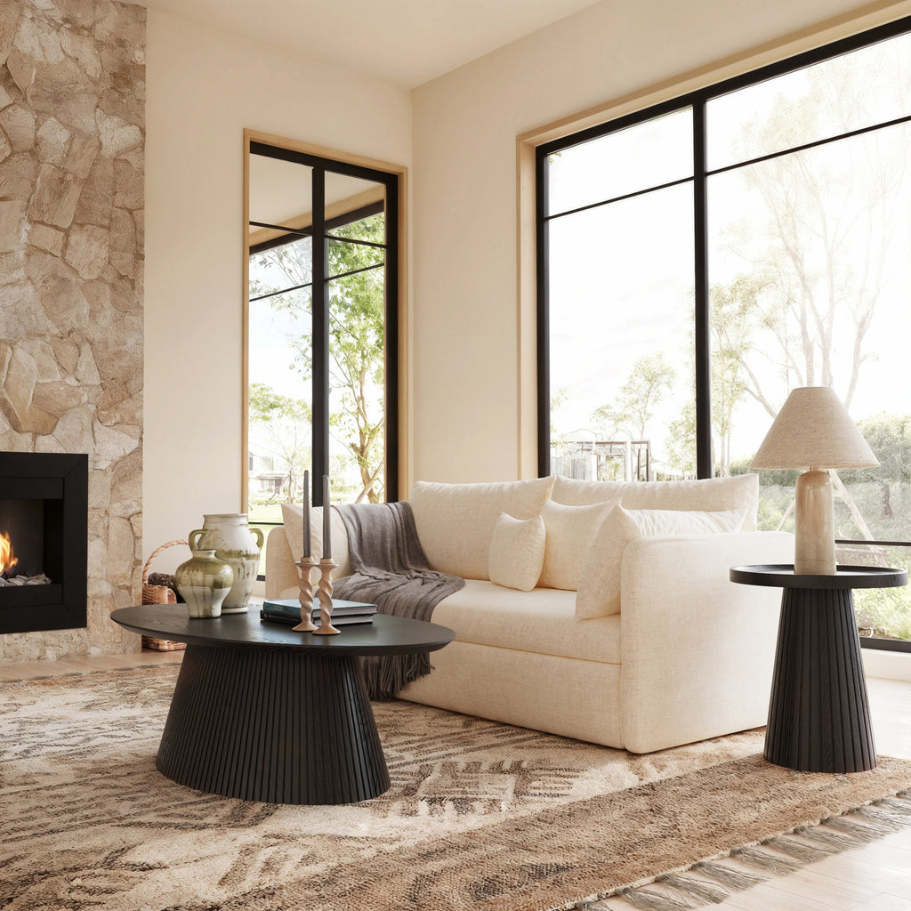 47.2" Oval Coffee Table with Faux Stone Veneer, Black