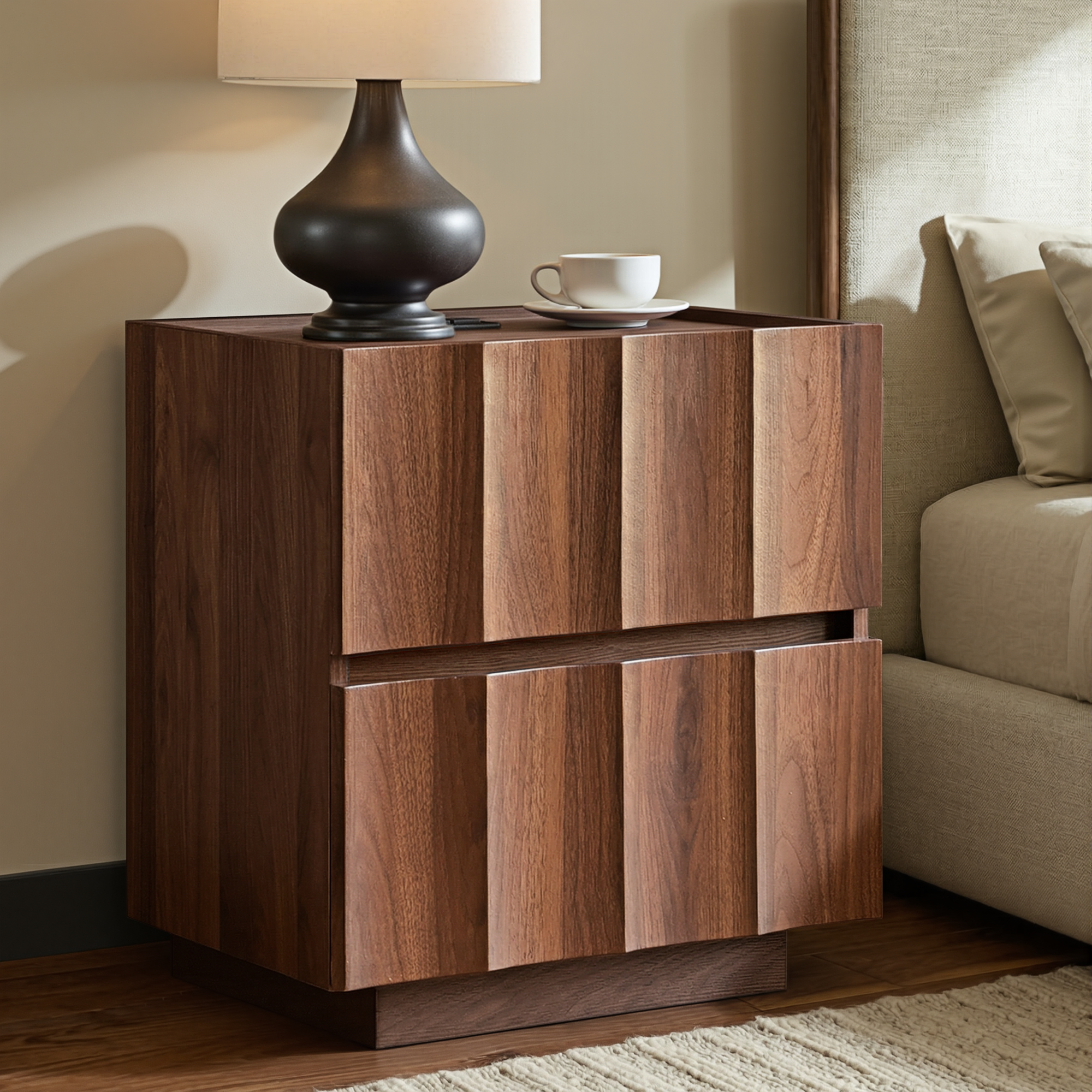 20.5" Fluted Nightstand with Charging Station, Walnut