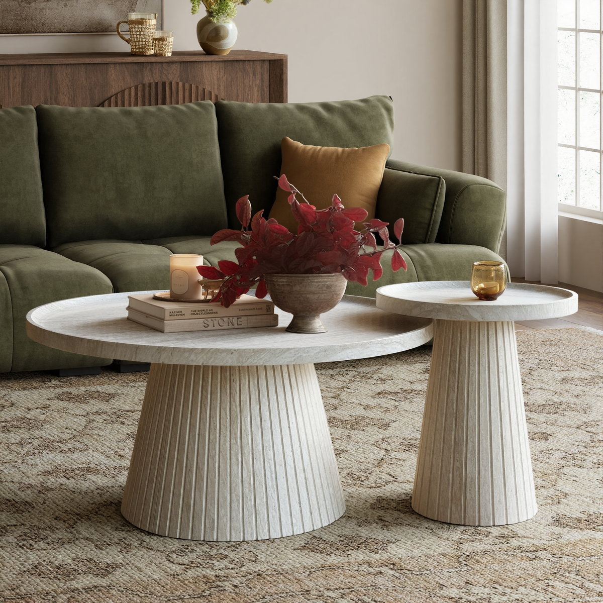 Nesting Coffee Table Set of 2 with Wood Grain Veneer, Stone