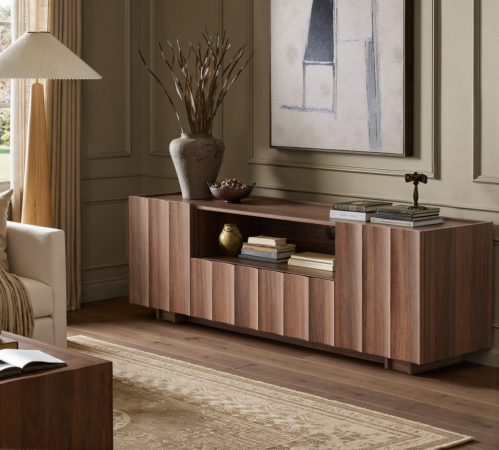 61" Mid Century Modern TV Stand with Storage, Wave Design, Walnut