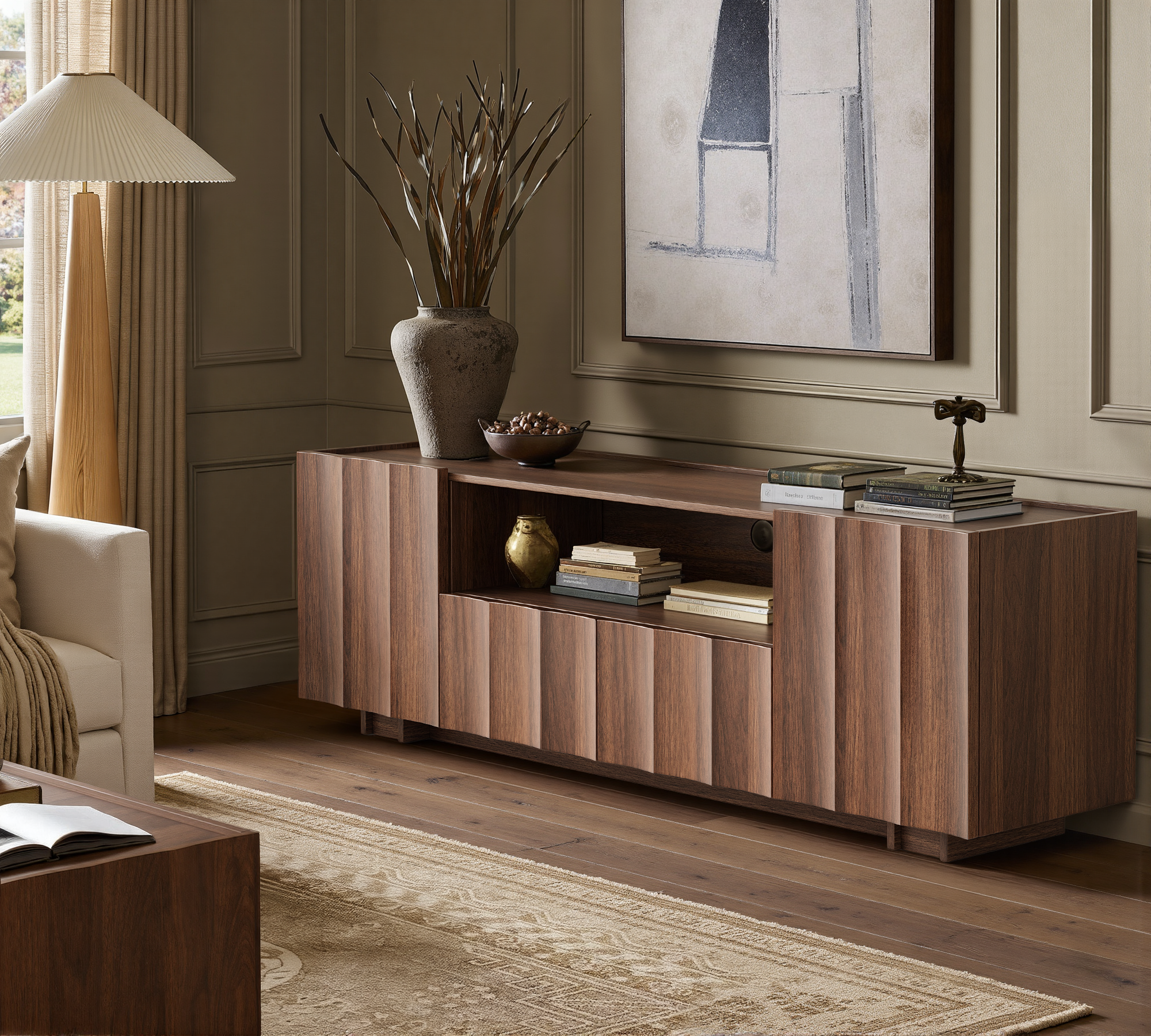 61" Mid Century Modern TV Stand with Storage, Wave Design, Walnut