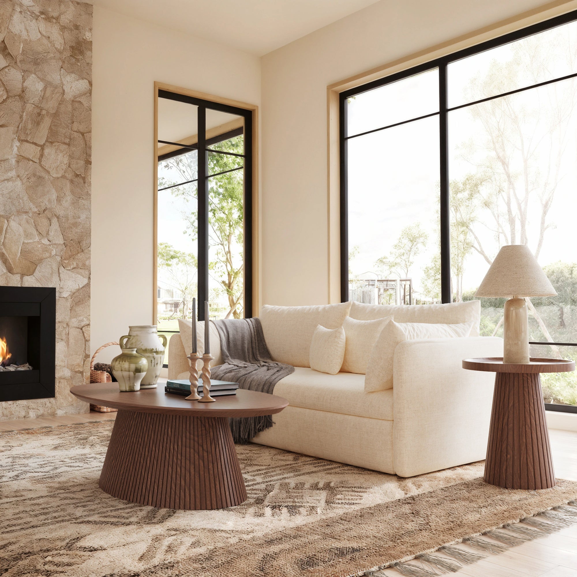 47.2" Oval Coffee Table with Faux Stone Veneer, Walnut