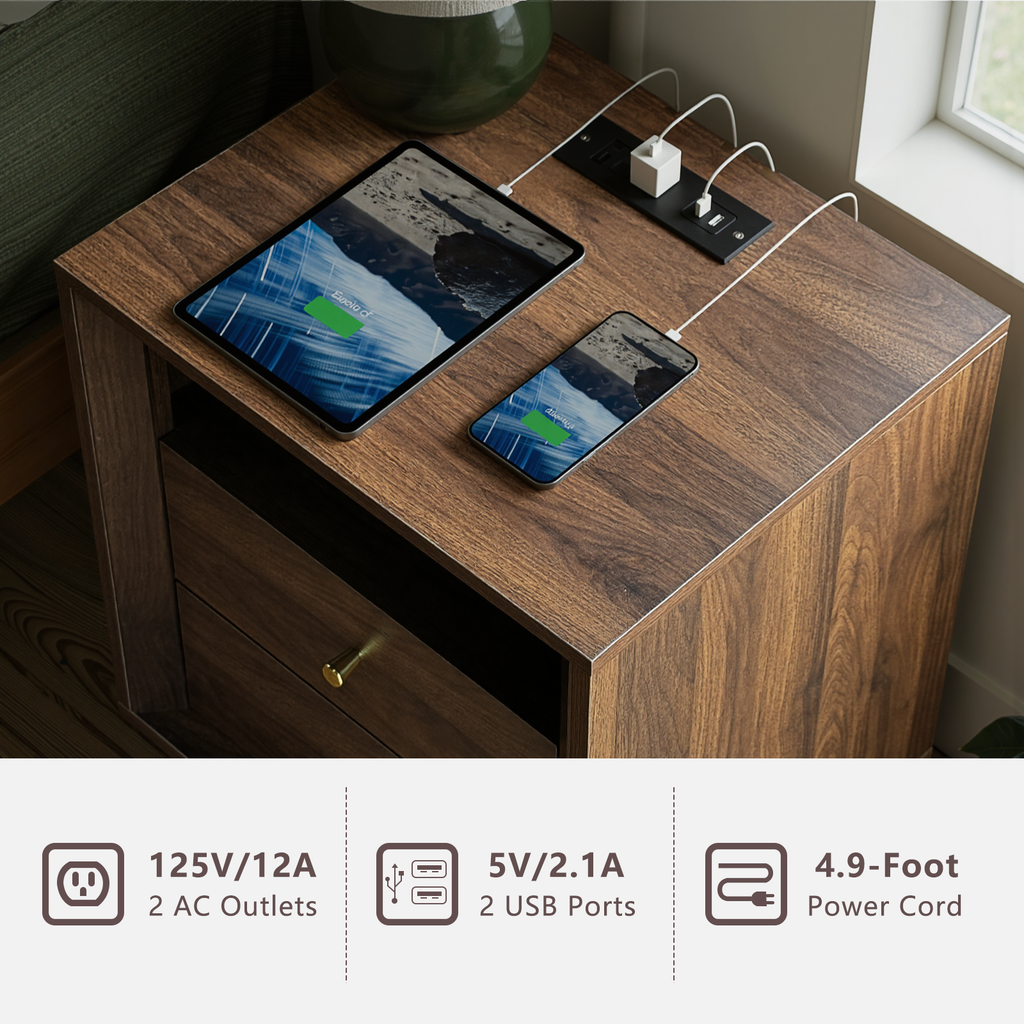 19.6" Nightstand with Charging Station, Walnut