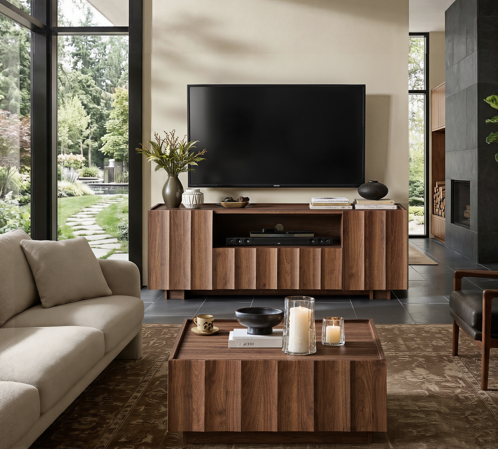 61" Mid Century Modern TV Stand with Storage, Wave Design, Walnut