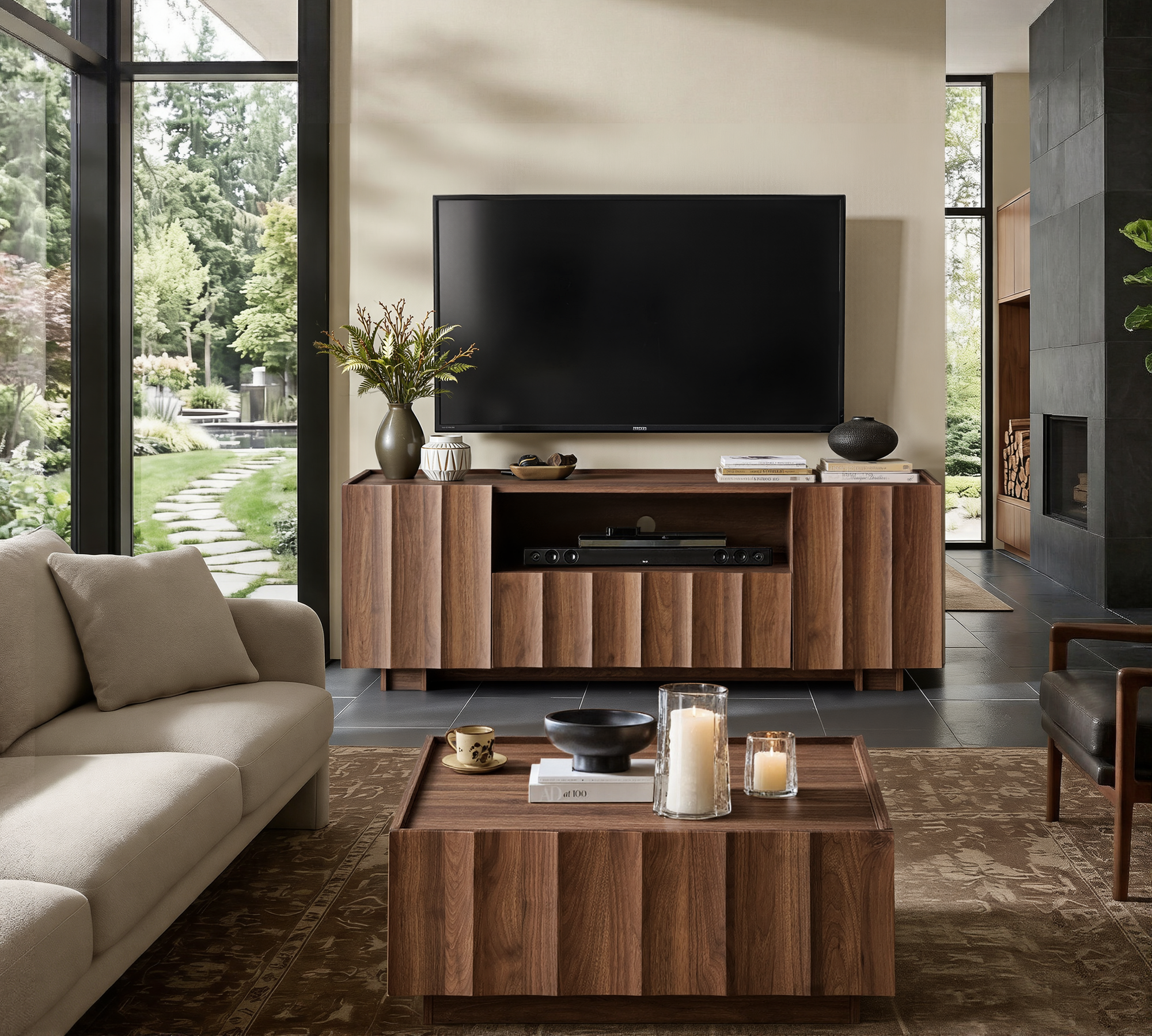 61" Mid Century Modern TV Stand with Storage, Wave Design, Walnut