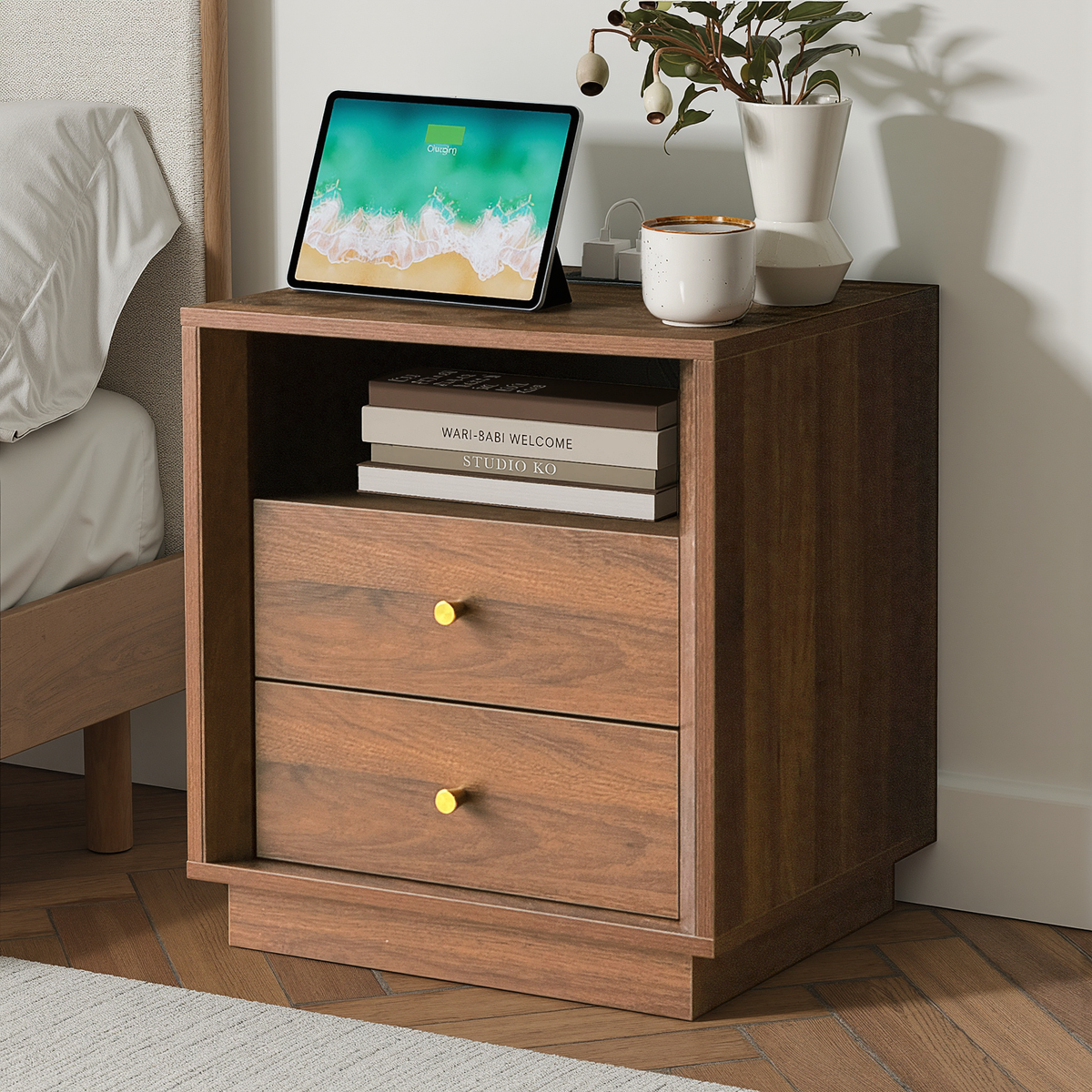 19.6" Nightstand with Charging Station, Walnut