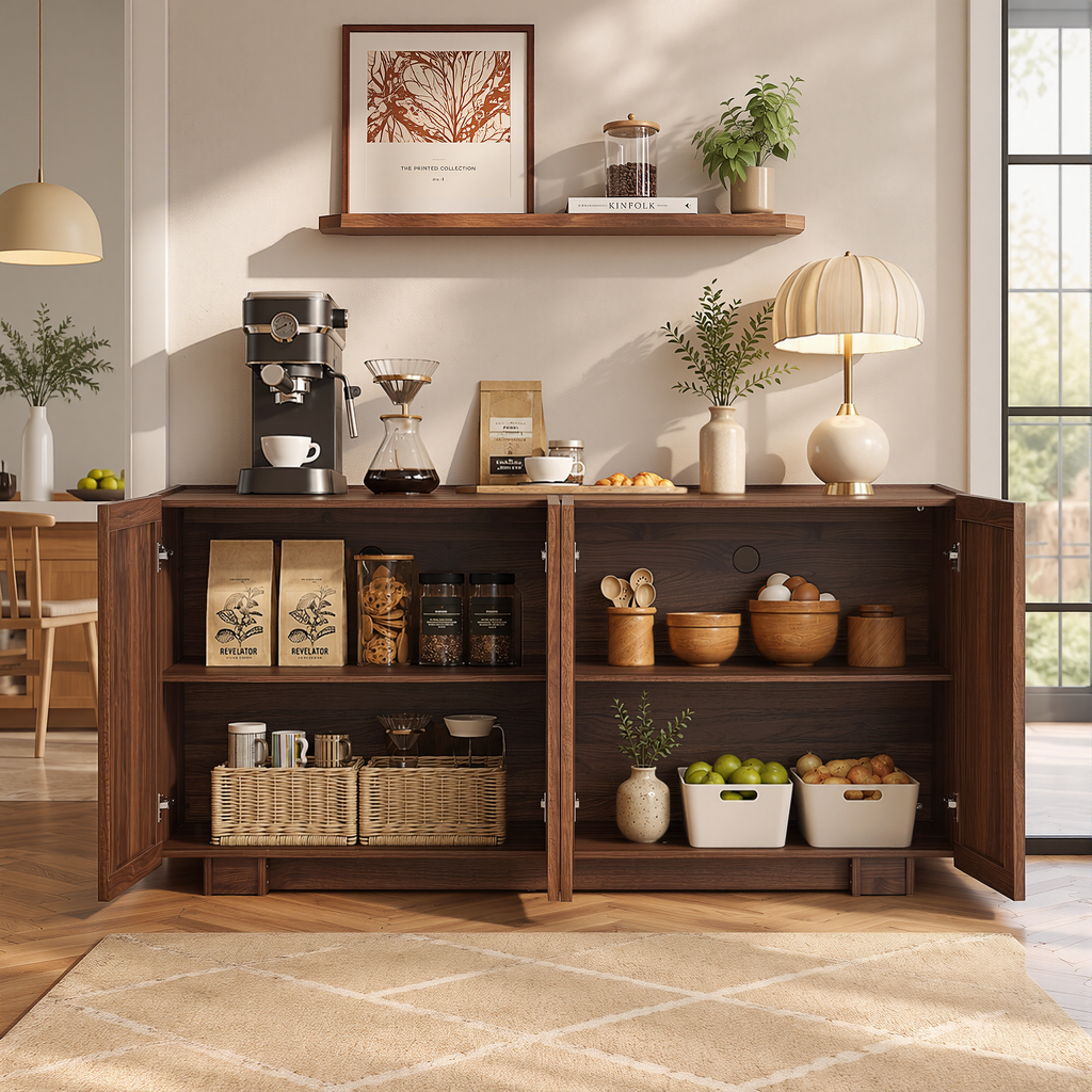 61.7" Fluted Sideboard Buffet Cabinet with Storage, Walnut