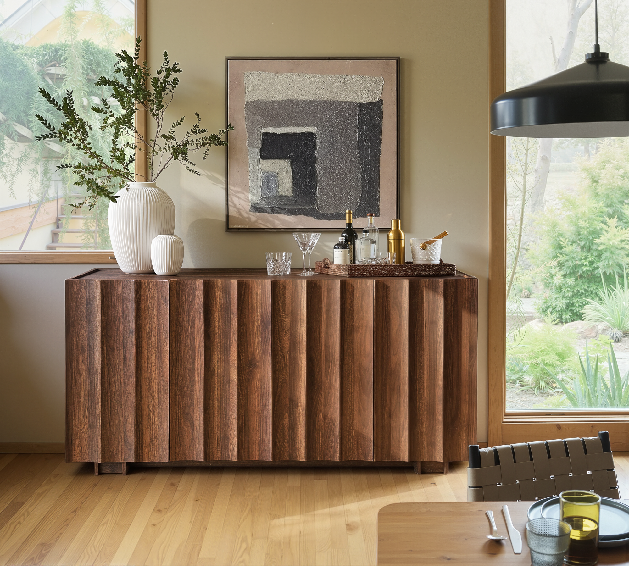 61.7" Fluted Sideboard Buffet Cabinet with Storage, Walnut