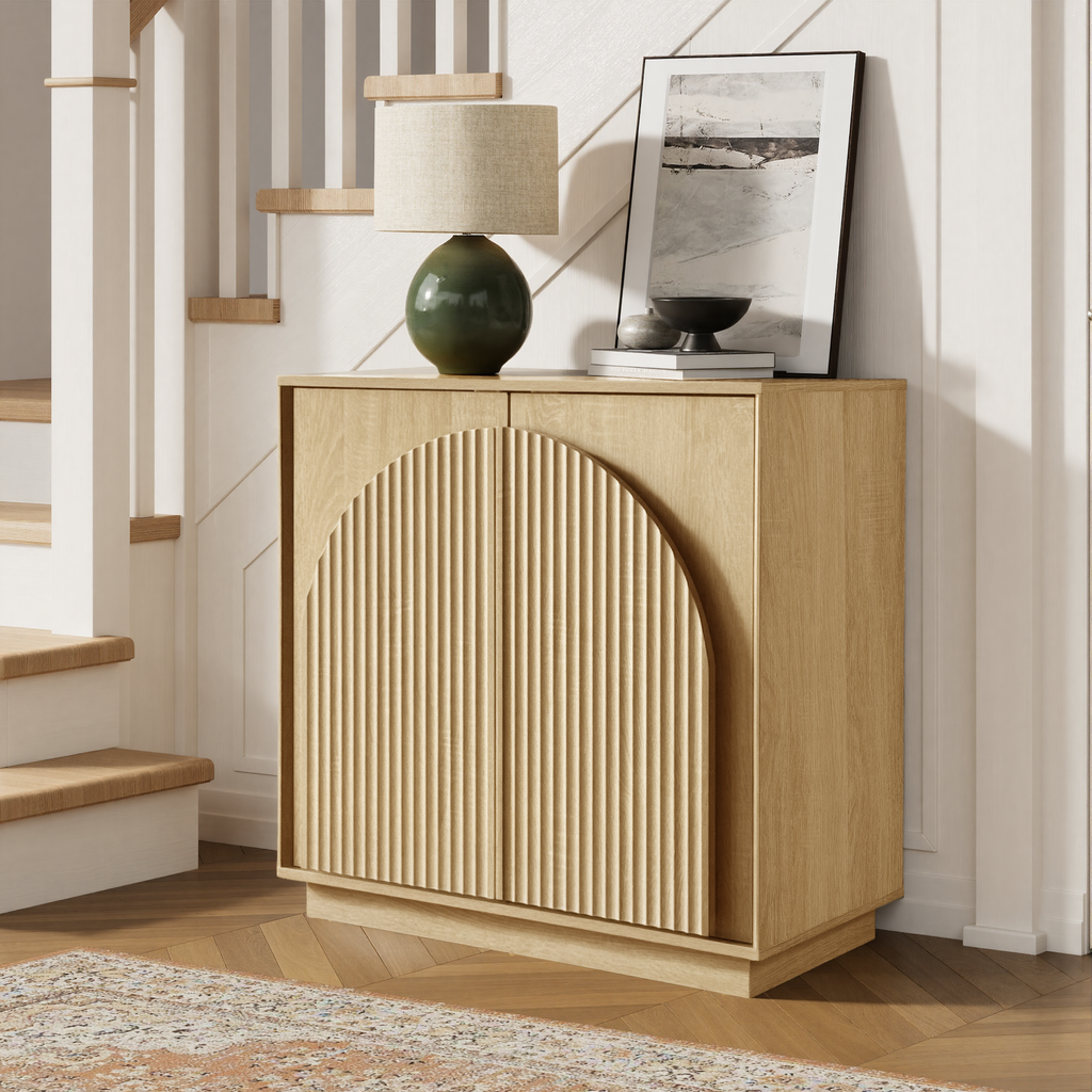 31.5" Small Buffet Cabinet with Storage, Arched Doors, OAK