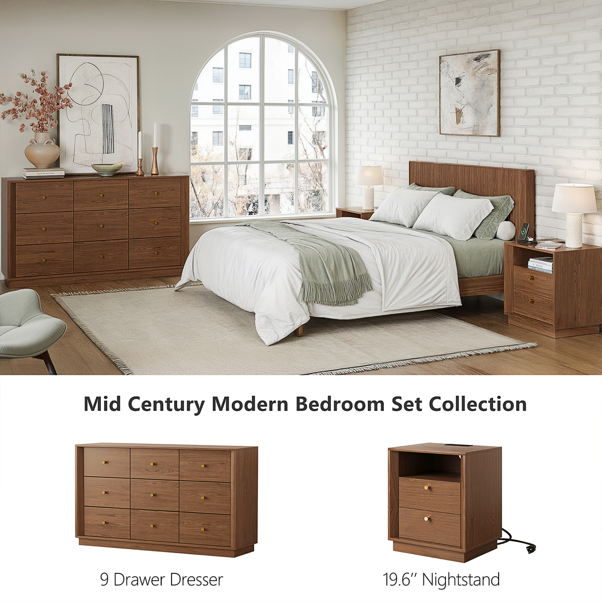 19.6" Nightstand with Charging Station, Walnut