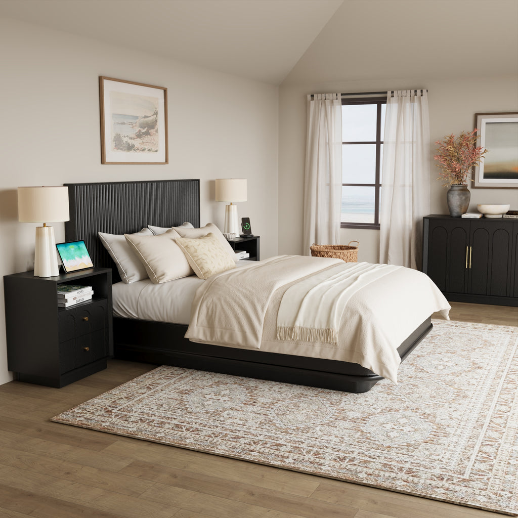 17.7" Nightstand with Charging Station, Arched Design, Black