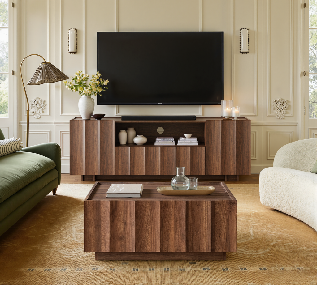 61" Mid Century Modern TV Stand with Storage, Wave Design, Walnut