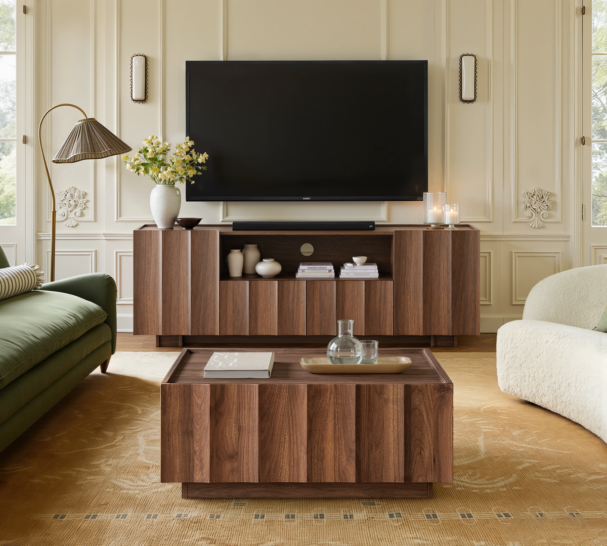 61" Mid Century Modern TV Stand with Storage, Wave Design, Walnut