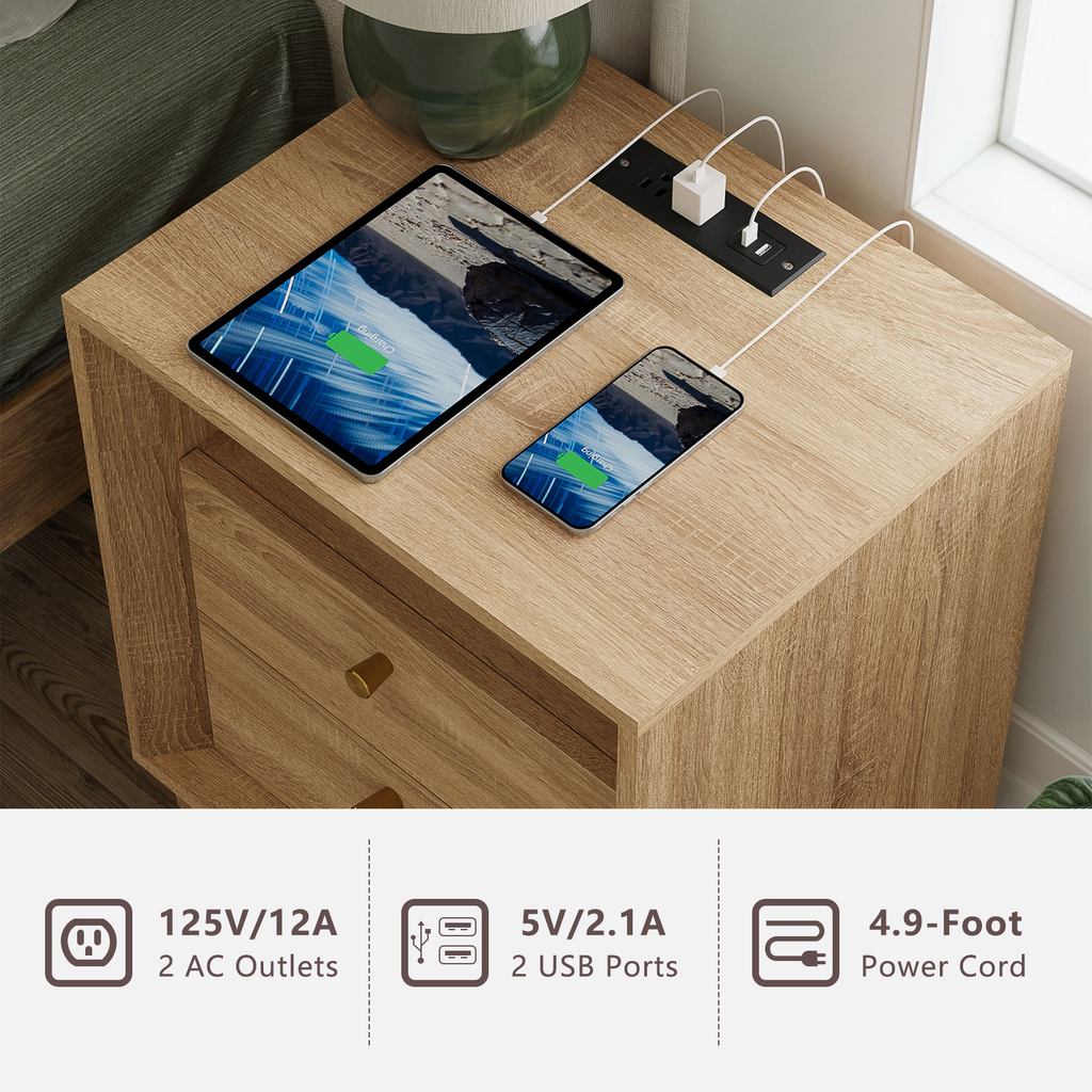 19.6" Nightstand with Charging Station, OAK