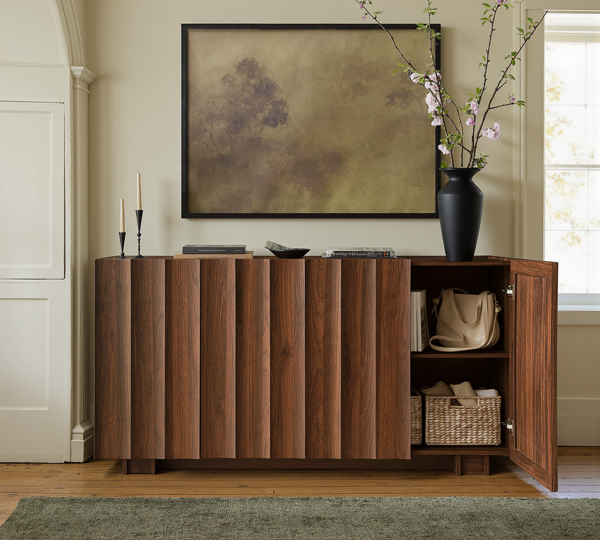 61.7" Fluted Sideboard Buffet Cabinet with Storage, Walnut